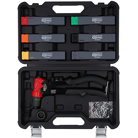 Werkzeugkoffer mit Nietzange und verschiedenen farbigen Nieten. Im Koffer sind auch farbige Zubehörteile enthalten.